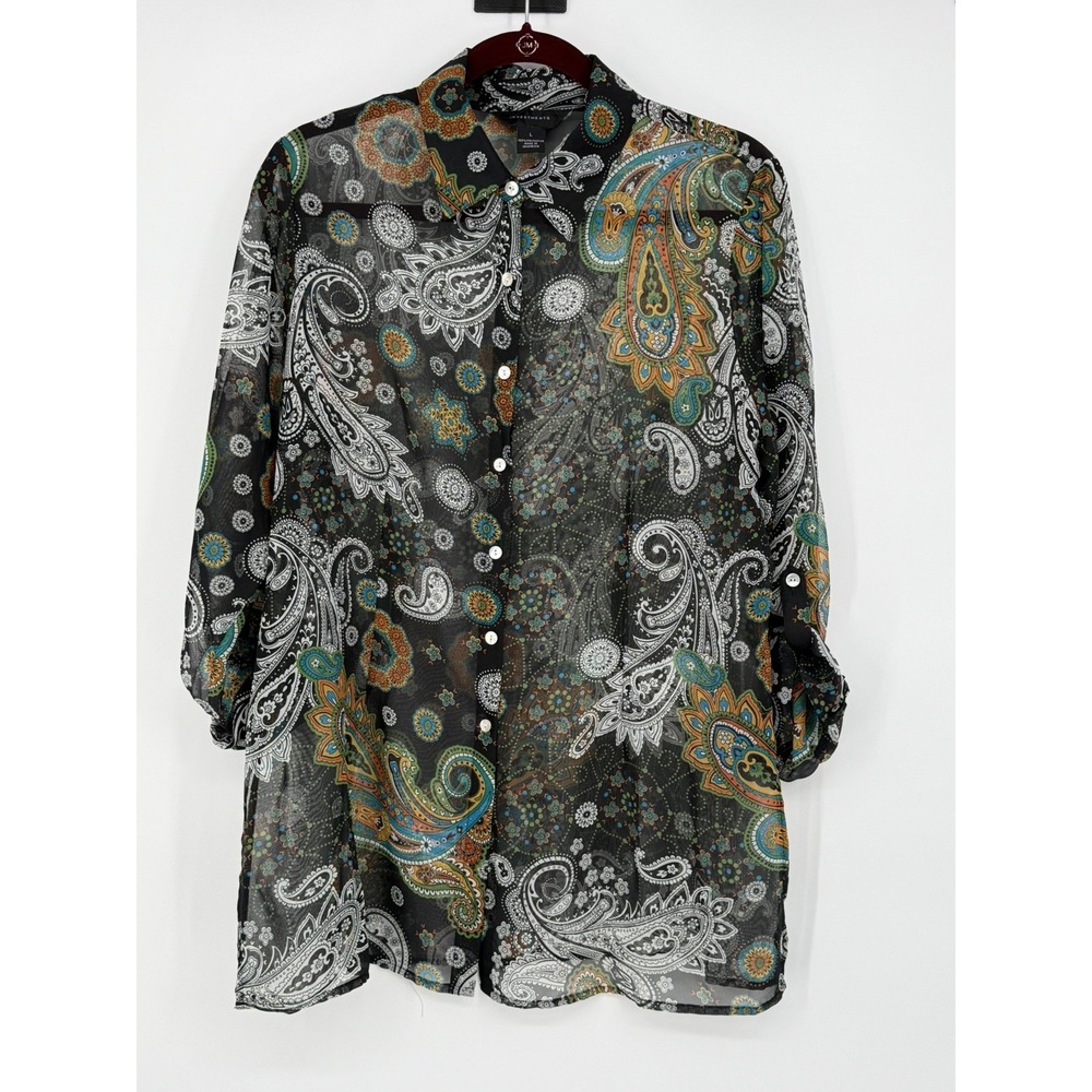 Investments Women's Black Long Sleeve Sheer Button Down Large